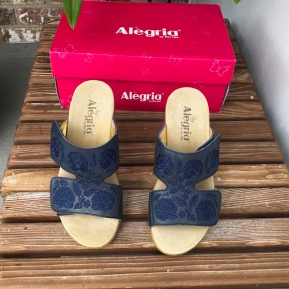 Alegria Embroidered Leather Slip-on Wedge Sandals - Picture 1 of 12